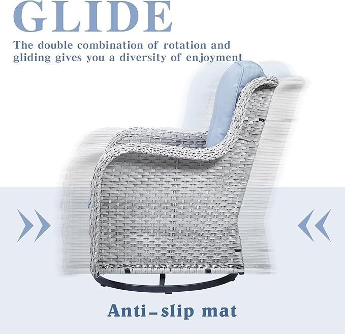 Outdoor Swivel Rocker Patio Chairs Set of 3, High Back Swivel Patio Chairs Wicker Furniture Set, 2 PCS Rattan Swivel Rocking Chair with Side Table, Light Grey Wicker-VerdiqueGarden