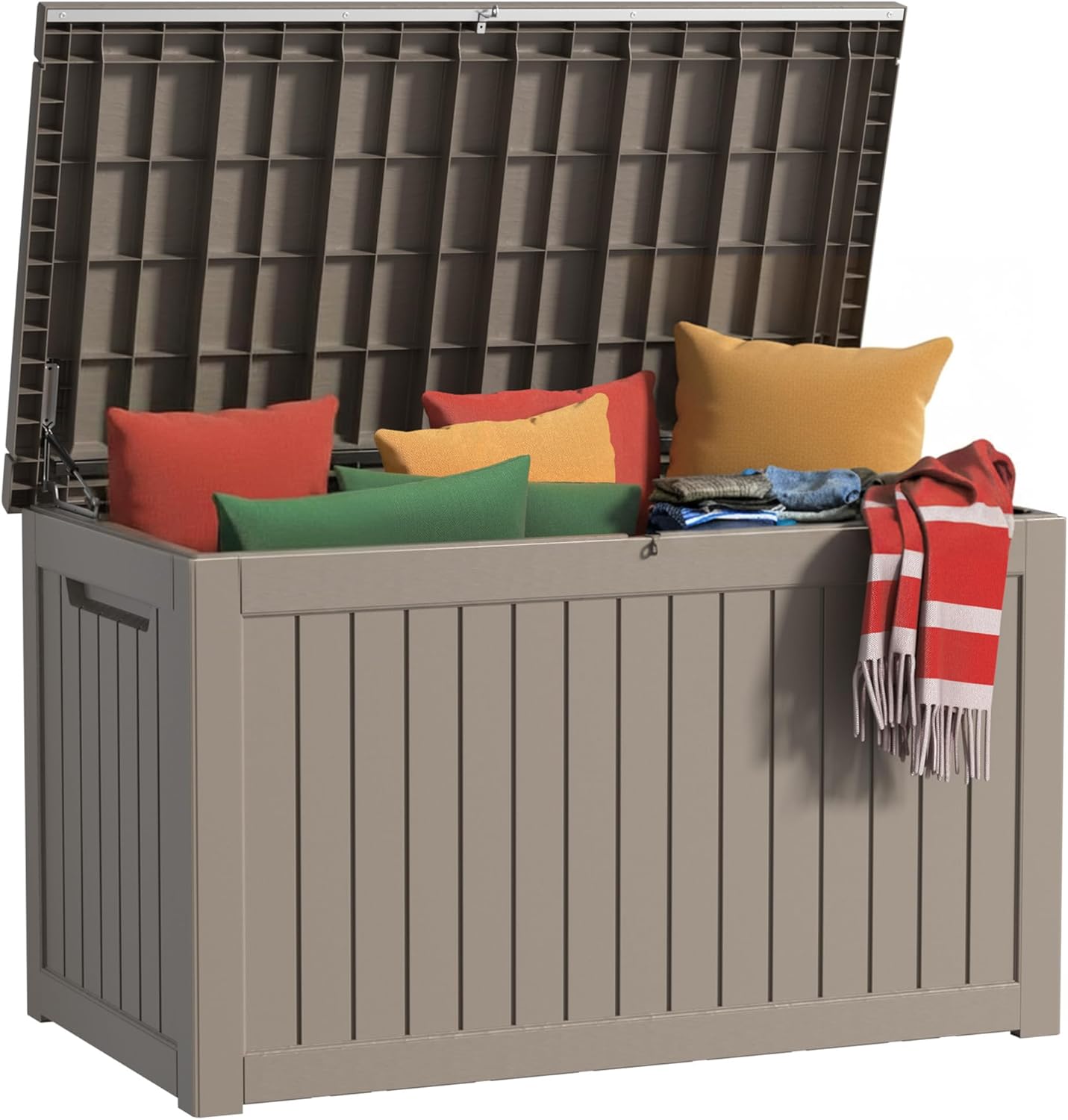 230 Gallon Outdoor Storage Box Waterproof, UV Resistant Resin Deck Box with Hydraulic Rod, Reinforced Stability for Patio, Garden, Striped Gray-VerdiqueGarden