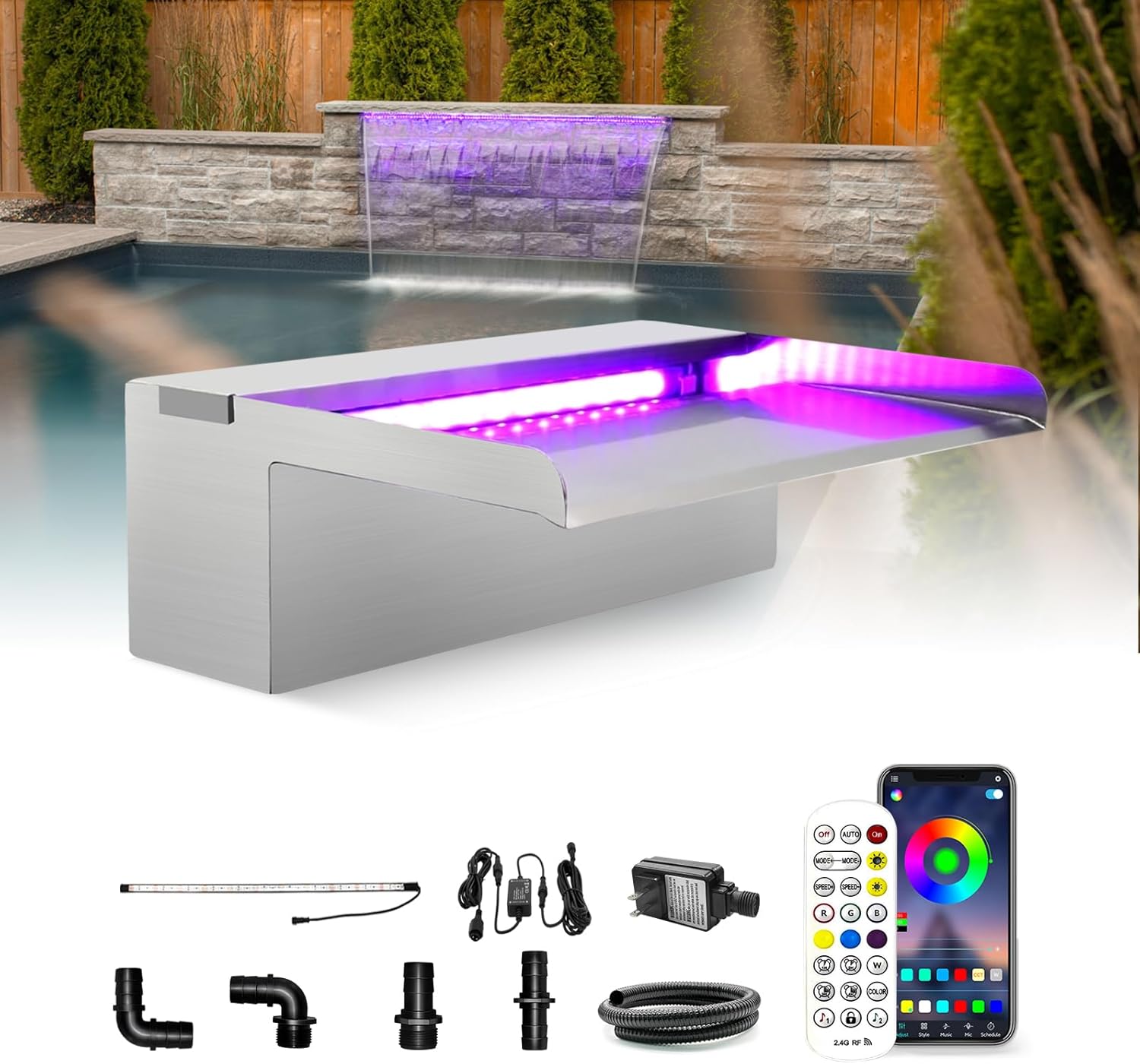 LONGRUN Stainless Steel Waterfall Spillway, APP Control Multi-Color LED Light Outdoor Pool Fountain, Water Spillway Koi Pond Waterfalls Fountains Kit for Garden Patio Swimming Pool Decoration-11.8"-VerdiqueGarden