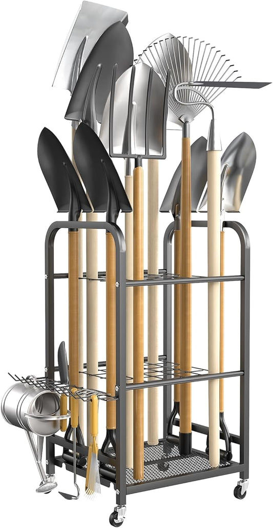 TORACK Garden Tool Organizer Stand with Wheels, Rakes Shovels Yard Tools Stand for Garage, Shed, Garden, Indoor/Outdoor Long-Handled Tools Cart-VerdiqueGarden