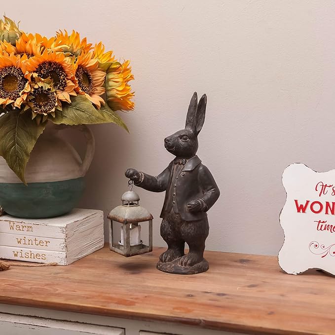 NIKKY HOME Easter Bunny Decorations, Vintage Resin Bunny Figurine with Lantern, Metal Rabbit Tealight Candle Lantern Holder Rabbit Outdoor Statues Gift for Garden Home-VerdiqueGarden