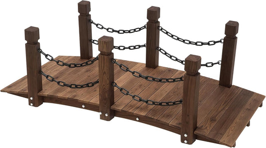 Outsunny 5 ft Wooden Garden Bridge Arc Footbridge with Metal Chain Railings & Solid Fir Construction, Carbonized-VerdiqueGarden