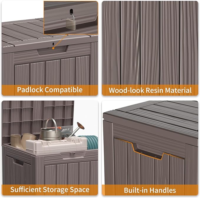 28 Gallon Resin Deck Box, Lockable Patio Outdoor Storage Box for Furniture, Garden Tools and Tools Storage, Waterproof Outside Storage Boxes - Grey-VerdiqueGarden