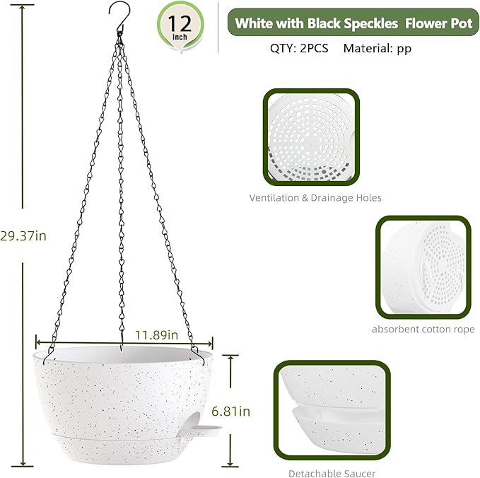 12 Inch Hanging Baskets 2 PC with Chains, Self-Watering Hanging Planters for Indoor Outdoor Plants, Plastic Hanging Flower Pots,Speckled White-VerdiqueGarden