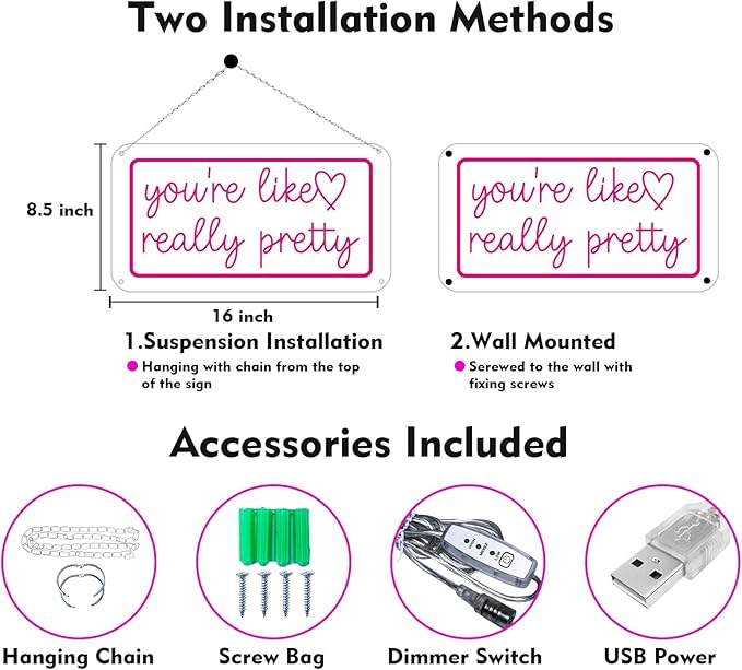 You're Like Really Pretty Neon Sign for Wall Decor, Dimmable LED Neon Lights for Bedroom, USB Powered Light Up Signs for Home Birthday Party Wedding Beauty Salon Decoration Pink LED Neon Signs-VerdiqueGarden