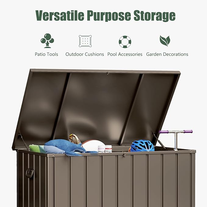 Domi Deck Box 150 Gallon, Waterproof Lockable Steel Outdoor Storage Container for Outside Cushions, Garden Tools and Pools Equipment, Brown-VerdiqueGarden