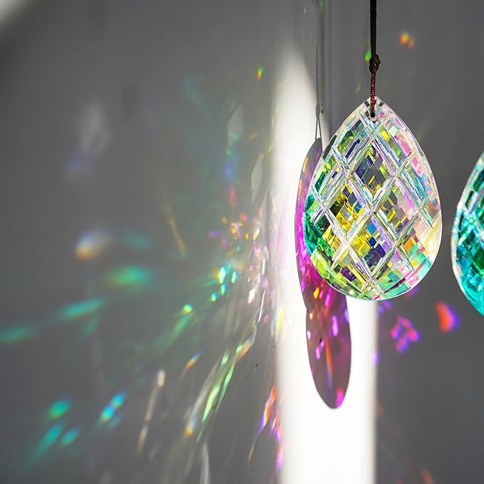 HDCRYSTALGIFTS Set 2 Crystal Sun Catcher Prisms Pendant for Window Hanging Decor,3inch AB Colored Crystal Suncatchers Rainbow Maker Light Catcher for Home Indoor Garden Ornament-VerdiqueGarden