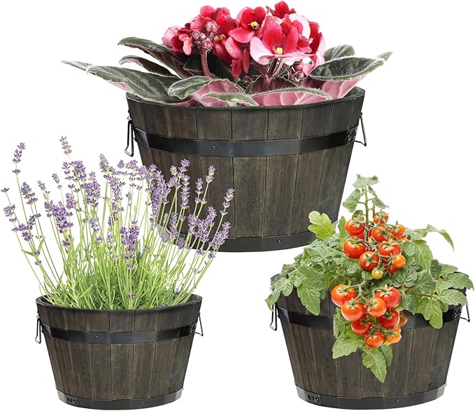 IDZO Set of 3 Wooden Flower Planters for Outdoor Plants, Acacia Wood Barrel Planters, Ergonomic Handles, Drainage Holes, Various Sizes, Black-VerdiqueGarden