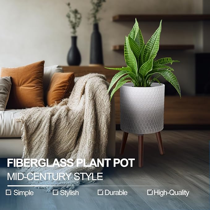12 Inches Indoor Plant Pot with Walnut Color Stand Honeycomb Embossed Flower Pot with Drainage Holes Large Modern Planters for Indoor Plants-Gradient White Gray-VerdiqueGarden