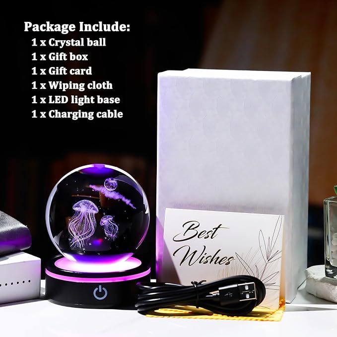 YWHL 3D Crystal Ball Moon Jellyfish Figurine with Colorful LED Base Laser Jellyfish Gifts for Women Men on Christmas Birthday Glass Jellyfish Statue Decorative Ball Night Light for Home Decor (80mm)-VerdiqueGarden