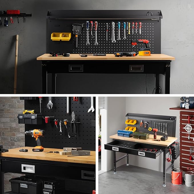 60" Workbench with Drawers, Work Benches for Garage with Strip Light, Adjustable Work Table with Large Pegboard, 2000 LBS Heavy Duty Table with Power Outlet Rubber Wood for Garage, Office-VerdiqueGarden