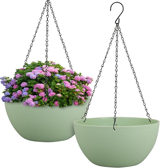 12 inch Large Hanging Planters Plant Pots for Indoor Outdoor Plants, 2 Pack Hanging Flower Pots with Drainage Holes and Chain for Garden Porch, Plastic Hanging Baskets for House Plants, Green-VerdiqueGarden