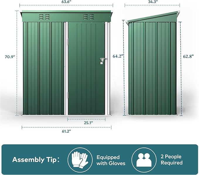 Gizoon 5' x 3'Outdoor Storage Shed with Singe Lockable Door,Galvanized Metal Shed with Air Vent Suitable for The Garden,Tiny House Storage Sheds Outdoor for Backyard Patio Lawn-Green-VerdiqueGarden