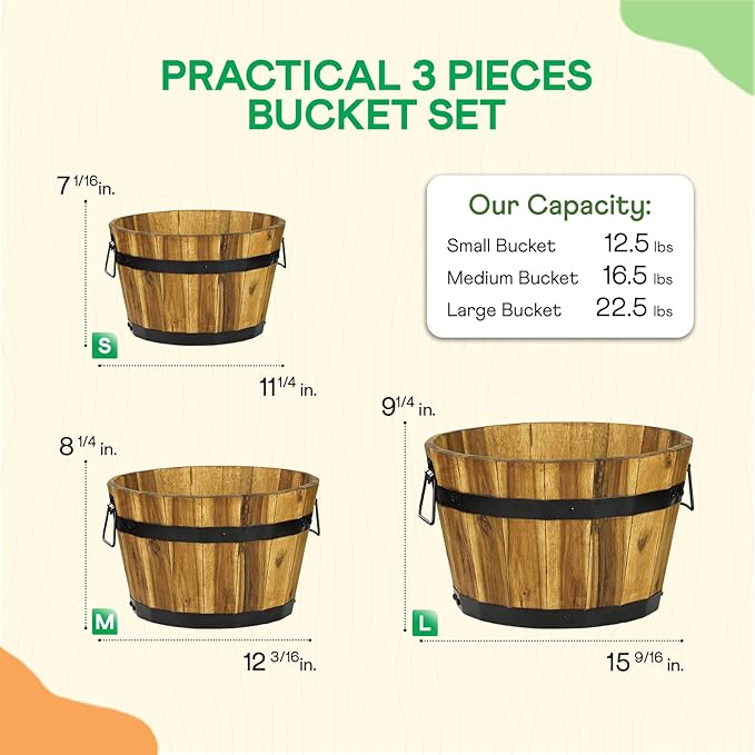 IDZO Set of 3 Wooden Flower Planters for Outdoor Plants, Acacia Wood Barrel Planters, Ergonomic Handles, Drainage Holes, Various Sizes, Golden Teak-VerdiqueGarden