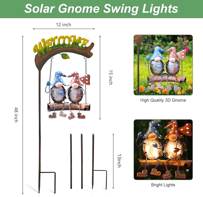 HONGLAND Solar Lights Outdoor Decor, Gnomes Swing Garden Decor, Funny Gifts for Women Mom, Gnomes Outdoor Decorations with Welcome Sign for Front Porch Patio-VerdiqueGarden