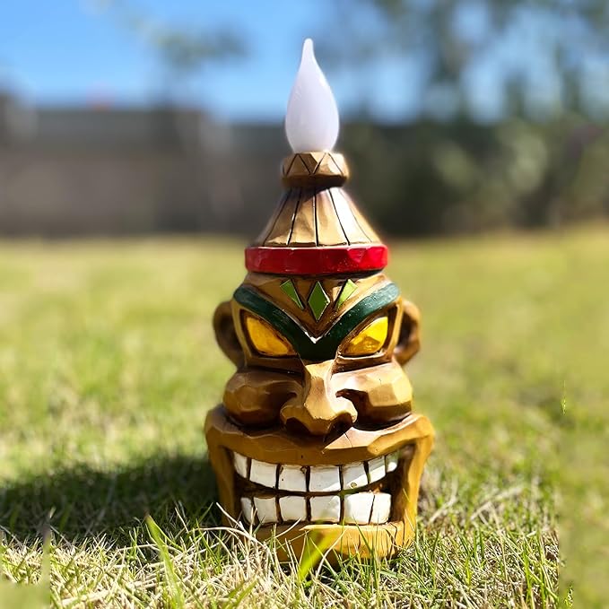Outdoor Solar Tiki Statue Decor-Tiki Bar Decoration-Torch Tiki Head Statues Outdoor Decorations for Garden,Patio,Yard,Backyard,Lawn,Garden Gift,Garden Tiki Figurine 8.74 Inch Tall-VerdiqueGarden
