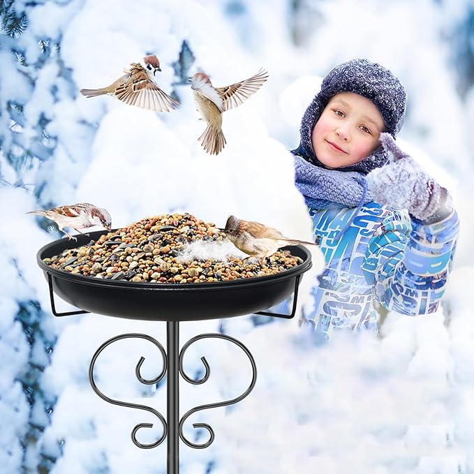 40In Bird Baths for Outdoors, Metal Birdbath Birdfeeder with Heavy Duty 5 Prong Stake, Vintage Detachable Bird Bath Water Feeder Bowl for Garden Yard Lawn Decor Black-VerdiqueGarden