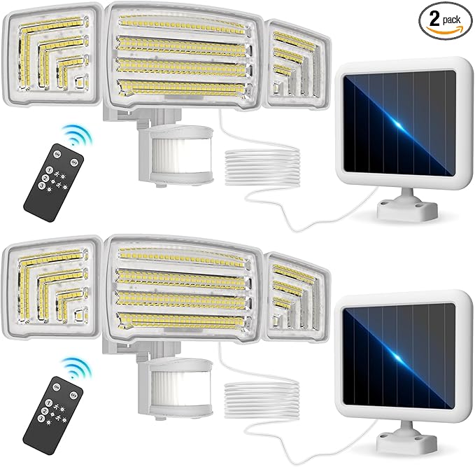 Energetic Solar Outdoor Lights, 1800LM 150 LED Security Motion Sensor Outdoor Lights with Remote Control, IP65 Waterproof Floodlight, 3 Head Motion Detected Spotlight for Garage, Pack of 2 (White)-VerdiqueGarden