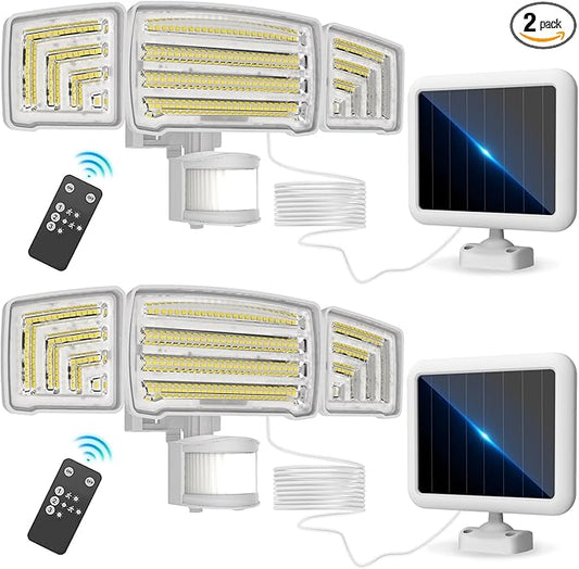 Energetic Solar Outdoor Lights, 1800LM 150 LED Security Motion Sensor Outdoor Lights with Remote Control, IP65 Waterproof Floodlight, 3 Head Motion Detected Spotlight for Garage, Pack of 2 (White)-VerdiqueGarden