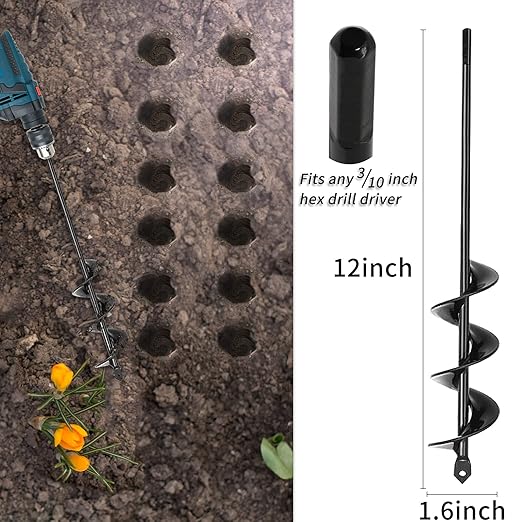 TCBWFY Auger Drill Bit for Planting,1.6"x12"Solid Shaft Garden Auger Drill Bit with Extensive Spirals,Spiral Hole Drill Bit for Planting Bulbs,Flowers,Post Holes,Earth Auger for 3/8" Hex Drive Drill-VerdiqueGarden
