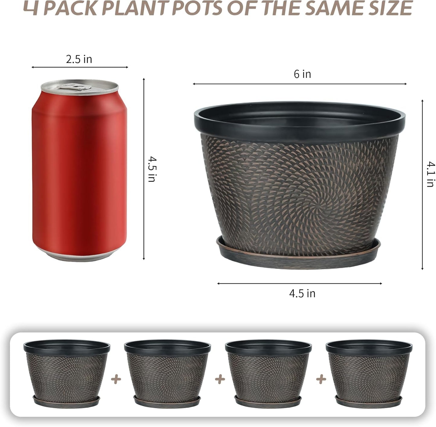 Quarut 4 Pack 6 Inch Flower Pots for Outdoor Indoor, Plastic Plant Pots with Drainage Hole & Saucer, Lightweight Small Flower Pot, Circle Pattern Planters for Garden House planters（Black Copper）-VerdiqueGarden