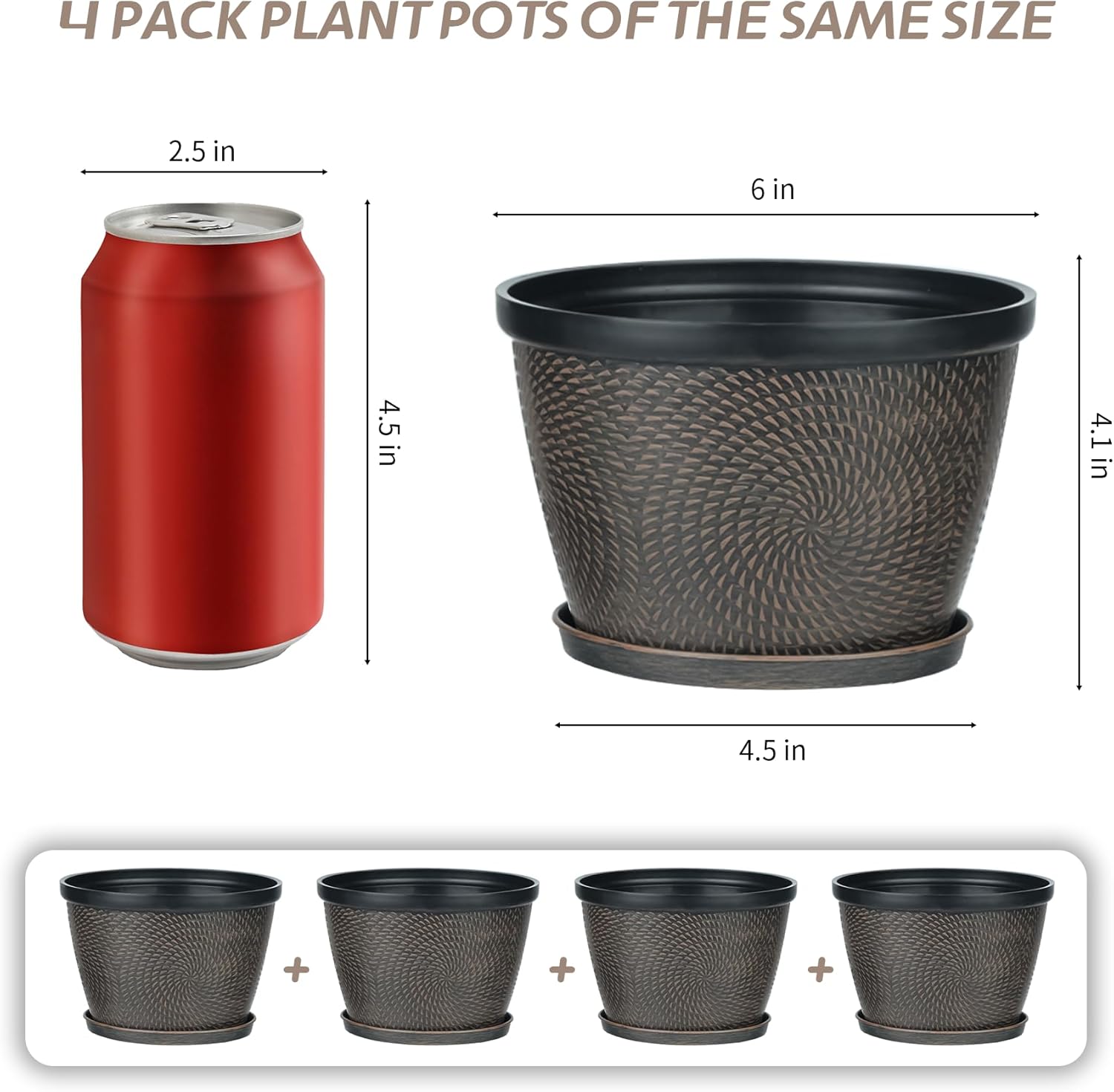 Quarut 4 Pack 6 Inch Flower Pots for Outdoor Indoor, Plastic Plant Pots with Drainage Hole & Saucer, Lightweight Small Flower Pot, Circle Pattern Planters for Garden House planters（Black Copper）-VerdiqueGarden