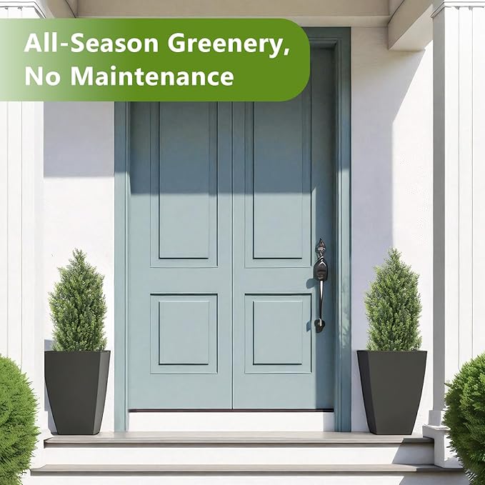 THE BLOOM TIMES 3ft Topiary Trees Artificial Outdoor 2 Pack – UV Resistant Faux Cedar Pine Cypress Bushes and Shrubs, Fake Potted Plants for Front Porch Outside Planter Patio Decor, Set of 2 (3 Foot)-VerdiqueGarden