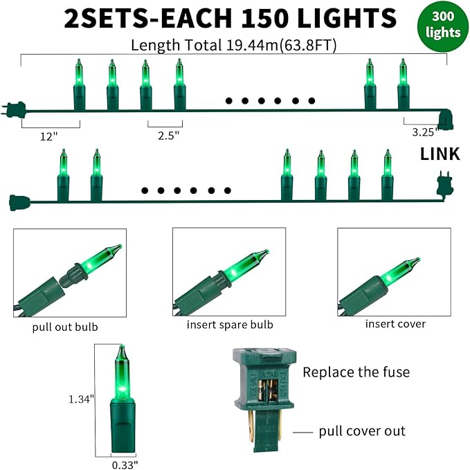 Ultra-Bright Connect End to End Green Christmas Mini Light 300L 63.8Ft(2Sets-Each 150L)UL Listed Incandescent Bulb String Light for Indoor Outdoor Holiday Garden Party Christmas Tree Decor-VerdiqueGarden