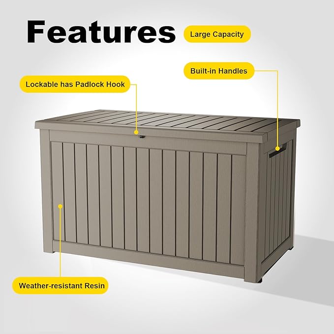 230 Gallon Outdoor Deck Box,Storage Lockable Waterproof Patio Furniture,Garden Tools,Cushions,Pool Accessories Outside Storage Resin Box(Grey)-VerdiqueGarden