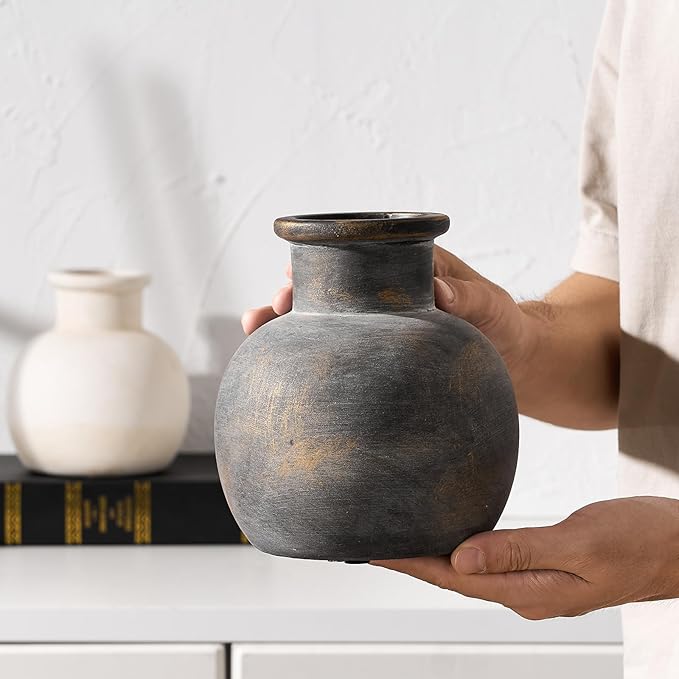 SIDUCAL Ceramic Rustic Farmhouse Vase | 6 Inch Pottery Decorative Flower | Boho | Terracotta Vase for Home Decor Table, Living Room, Bathroom Decoration, Shelf Decor, Mantel, Bronze-VerdiqueGarden