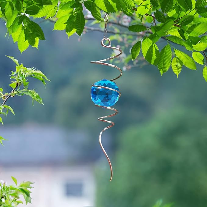 Fonmy Gazing Ball Spiral Tail -Decorative Wind Spinner Sun Catcher Rainbow Maker 11 inch Tail and 2 inch Peacock Blue Crystal Orb. Indoor Outdoor Garden Decoration -13 inch Height-VerdiqueGarden