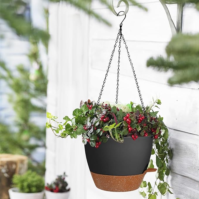 10/9/8 Inch Hanging Planter for Indoor Outdoor Plants, 3 Pack Self-Watering Hanging Pot with Drainage Holes Hanging Planter Baskets Plant Pots with Removable Tray (Black+Brown)-VerdiqueGarden