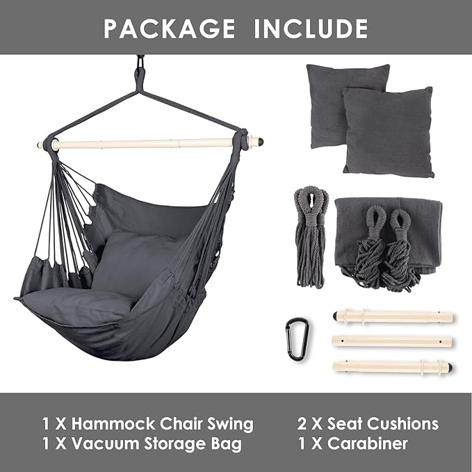 Highwild Hammock Chair Hanging Rope Swing - Max 500 Lbs - 2 Cushions Included - Steel Spreader Bar with Anti-Slip Rings - for Any Indoor or Outdoor Spaces (Grey)-VerdiqueGarden