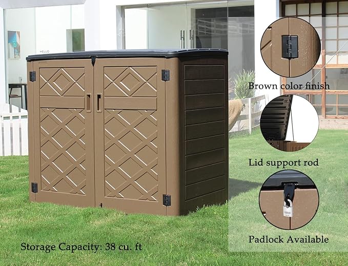 Large Horizontal Storage Sheds,38 cu.ft Resin Garden Shed Weather Resistance,Outdoor Storage Box Lockable for Patio,Backyard,Garden,Home(Brown)-VerdiqueGarden