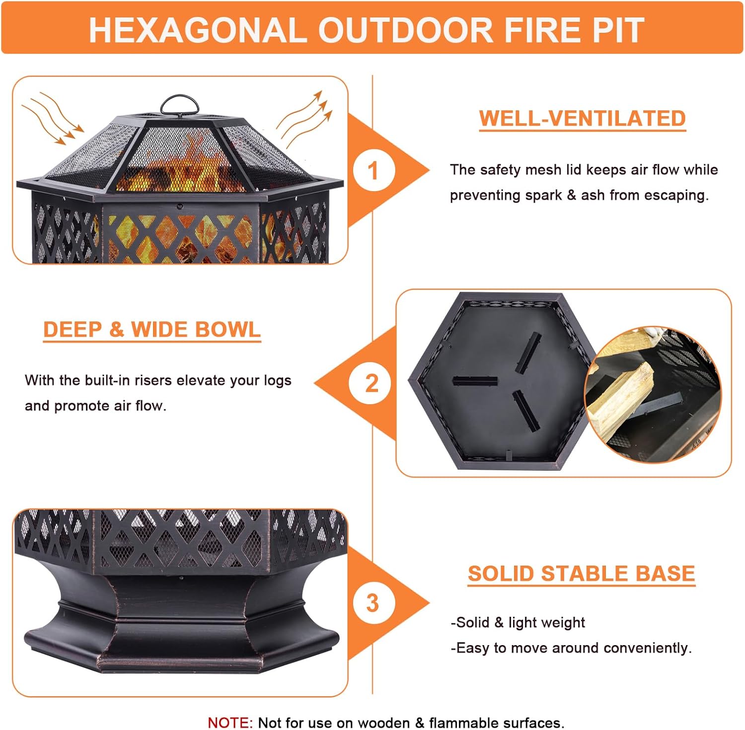 28Inch Outdoor Fire Pit, Hexagon Shaped Wood Burning Firepit for Outside Bonfire, Patio, Backyard and Camping (Antique Bronze)-VerdiqueGarden