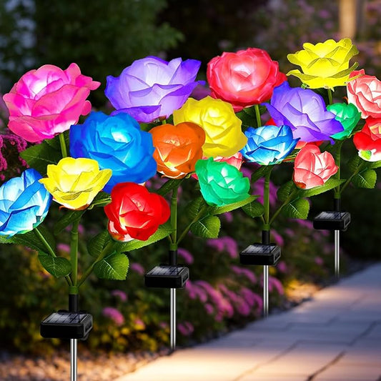Solar Garden Lights Outdoor, 4 Pack Flower Lights for Outside, 16 Solar Lilies with Butterflies, Waterproof Garden Decor for Yard, Patio, Gifts for Women Mom (4 pcs 7-Color Rose)-VerdiqueGarden