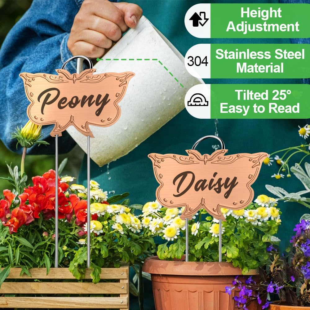 Metal Plant Labels, Tall Outdoor Butterfly Garden Markers for Flowers, Fruits and Vegetables, 304 Stainless Steel Weatherproof Signs (25 Packs, 4" x 2.3", Gold Butterfly Design)-VerdiqueGarden