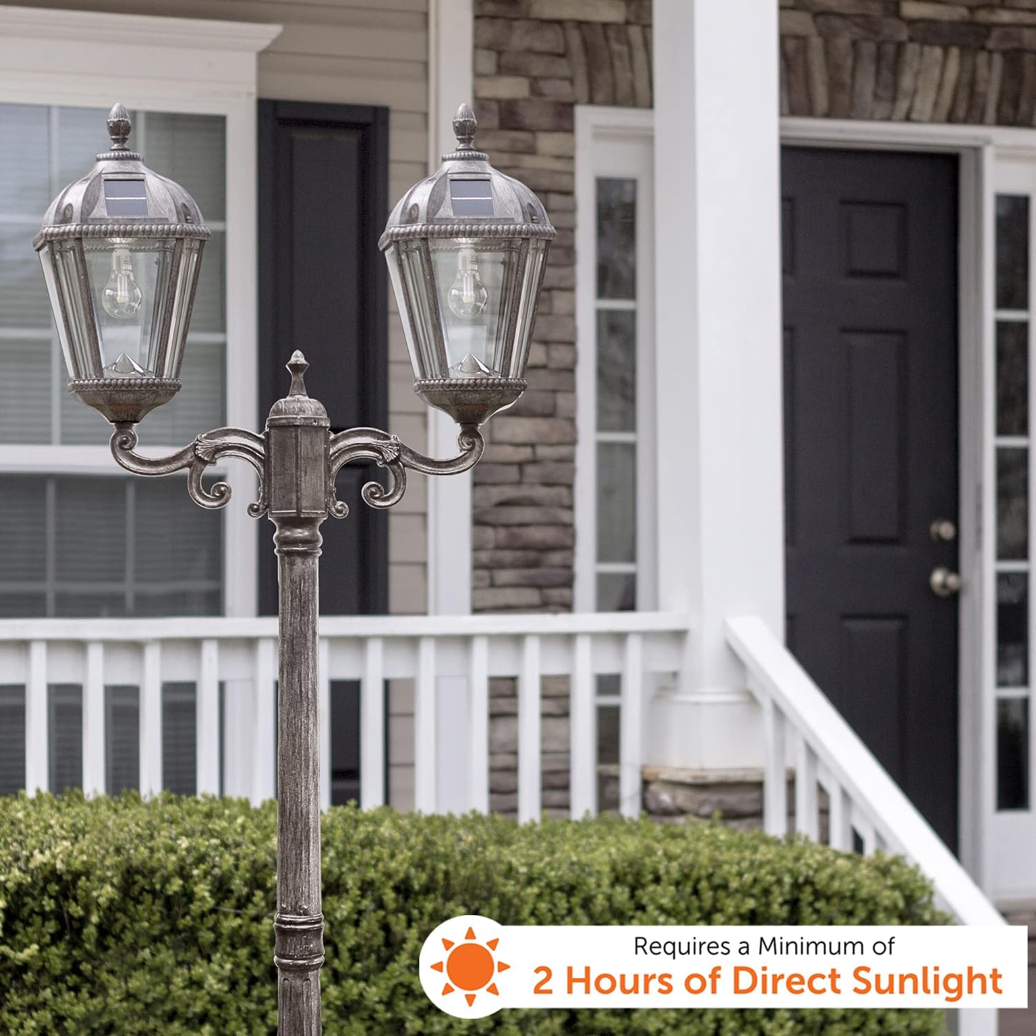 Gama Sonic Outdoor Solar Lamp Post Light Kit, Royal Bulb 300 Lumens, Double Head Weathered Bronze Cast Aluminum Post Lamp and Light Pole, Warm White Light 2700K, 98B302 (Upgraded Battery and Panel)-VerdiqueGarden