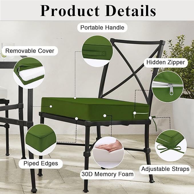 Outdoor Chair Cushions Set of 2 for Patio Furniture 19x19x4 Inch Waterproof Patio Chair Cushion 3 Year Color Fastness Square Elastic Foam Garden Couch Pads with Ties and Handle,Green-VerdiqueGarden
