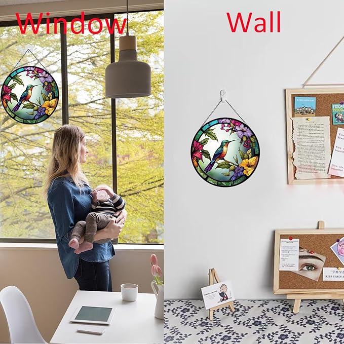 Hummingbirds and Flowers Pattern Hanging Stained Glass Suncatcher,Stained Glass Suncatchers for Windows,20cm/7.87inch Hand-Painted Sun Catcher Garden Painted Glass Panel Decor Themed Gift-VerdiqueGarden