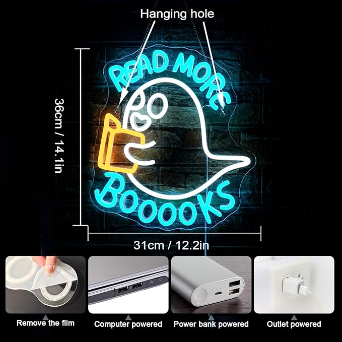 Read More Booooks Neon Sign Read More Books Neon Signs for Wall Decor Dimmable Book Neon Lights Classroom LED Light Up Boo Sign for Bedroom Bookstore Reading Room Library Study Room Decoration-VerdiqueGarden