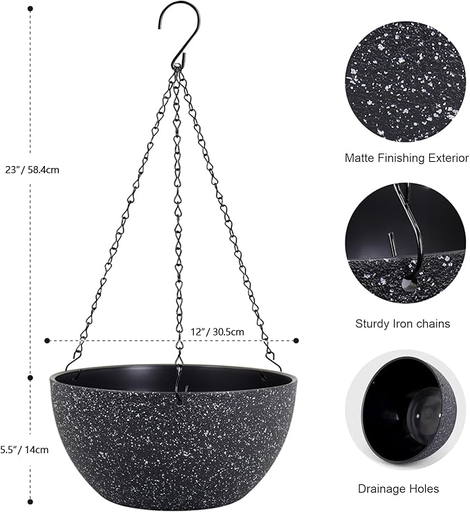 12 inch Large Hanging Planters for Indoor Outdoor Plants, 2 Pack Hanging Flower Pots with Drainage Holes and Chain for Garden Porch, Plastic Hanging Baskets for House Plants, Speckled Black-VerdiqueGarden