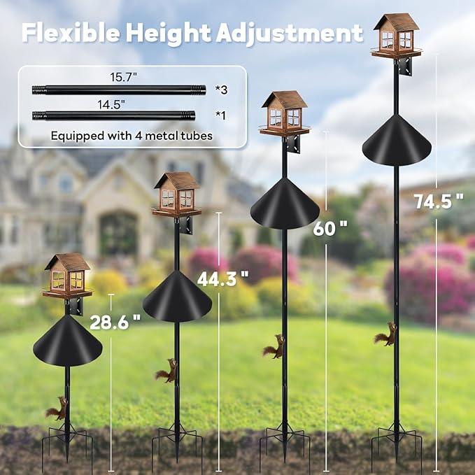 Bird Feeder Pole for Outdoors, 74.5 Inch Tall with 1-Inch Heavy Duty Steel Tube, 18 Inch Squirrel Baffle, 5-Prong Base, Adjustable Feeding Station for Bird feeders for Outdoors birdbath-VerdiqueGarden