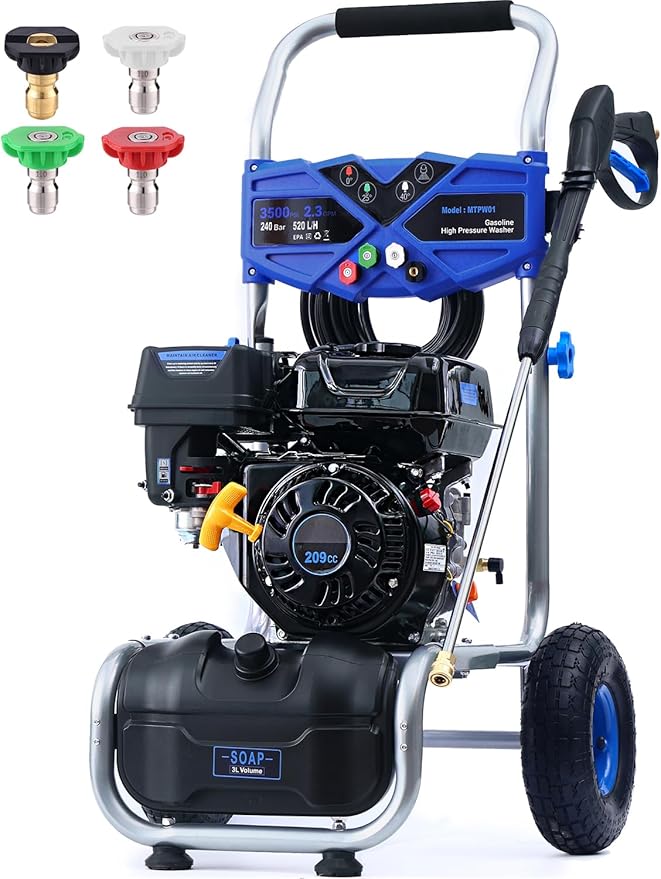 3500 PSI Gas Pressure Washer, 2.3 GPM Power Washer with 209CC Engine, Maintenance-Free Axial Cam Pump, 25FT Hose, 4 Nozzles for Driveways, Walls, Vehicles, Patio (Blue)-VerdiqueGarden