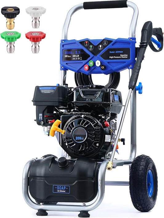 3500 PSI Gas Pressure Washer, 2.3 GPM Power Washer with 209CC Engine, Maintenance-Free Axial Cam Pump, 25FT Hose, 4 Nozzles for Driveways, Walls, Vehicles, Patio (Blue)-VerdiqueGarden