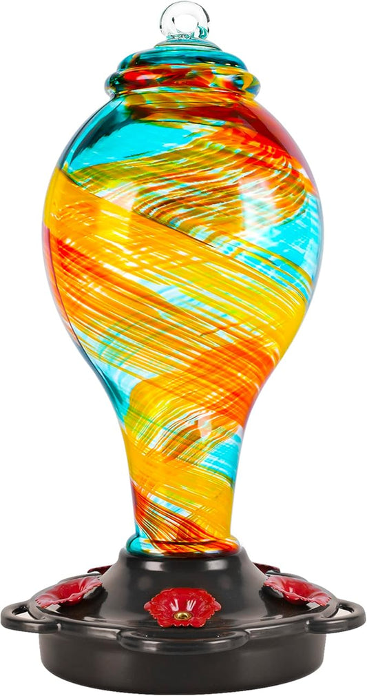 LUJII Hand Blown Glass Hummingbird Feeder for Outdoors Hanging with Ant Moat, 25 fl.oz, Leak Proof & Rustproof, Metal Base with 5 Feeding Ports & 5 Perches, Unique Garden & Backyard Decor (Ribbon)-VerdiqueGarden