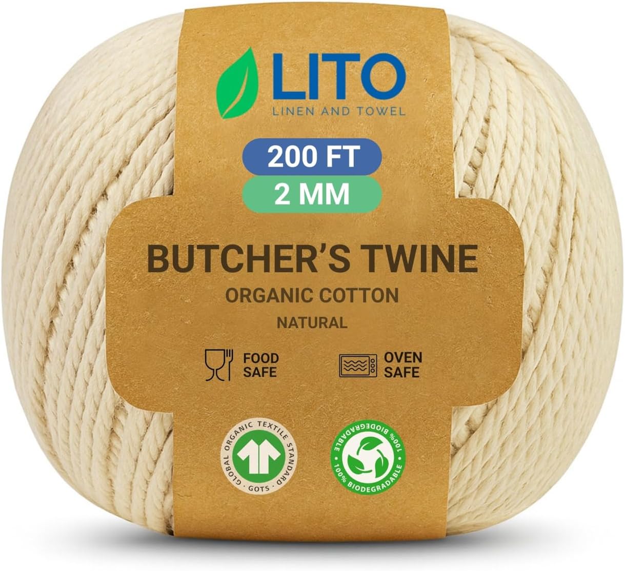 Organic Butcher’s Twine for Cooking & Trussing – 2mm Heavy-Duty Natural Cotton Kitchen Twine 200 Feet – Food-Safe, Oven-Safe String for Meat, Turkey, Baking, & Crafts-VerdiqueGarden