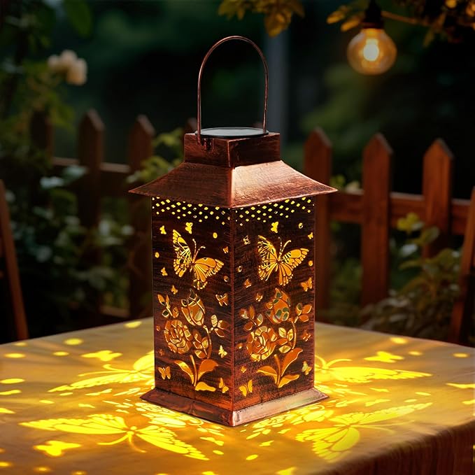 Homemory Butterfly Solar Lanterns Waterproof, Metal Hanging Hollowed-Out Metal Decor Lantern, LED Outdoor Decoration for Outside LED Lanternse for Yard, Backyard, Porch, Lawn-VerdiqueGarden