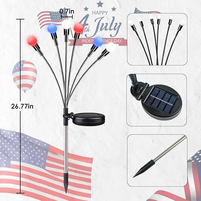 OZS 4pack Solar American Flag Lights - 4th of July Solar Garden Outdoor Waterproof Firefly Light for Memory Day, Independence Day, National Day Decoration (Red White Blue)-VerdiqueGarden