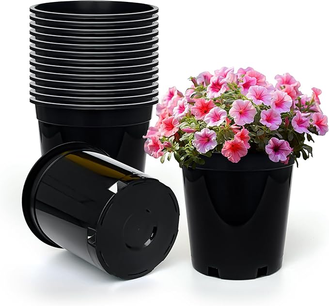1.5 Gallon Plastic Nursery Pots, 7.5 Inch Round Plant Pots with Drainage Holes, 15 Pack Flower Pots for Outdoor Indoor Plants, Flowers, Black-VerdiqueGarden